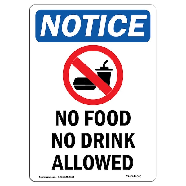 Safety Sign, OSHA Notice, 24" Height, No Food No Drink Allowed Sign With Symbol, Portrait